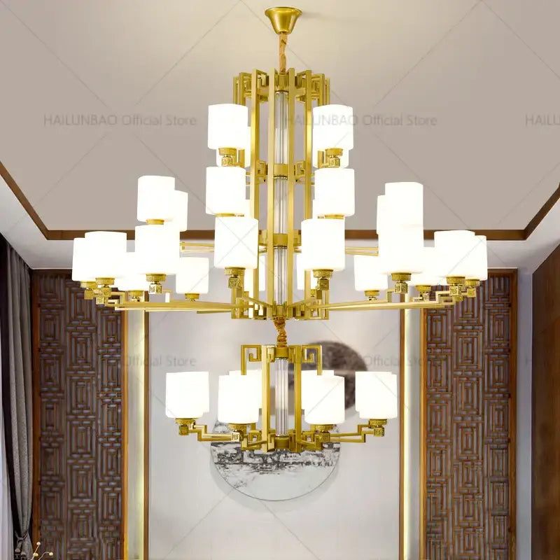 Gold-toned modern chinese style chandelier with white cylindrical shades pendant light for living room use