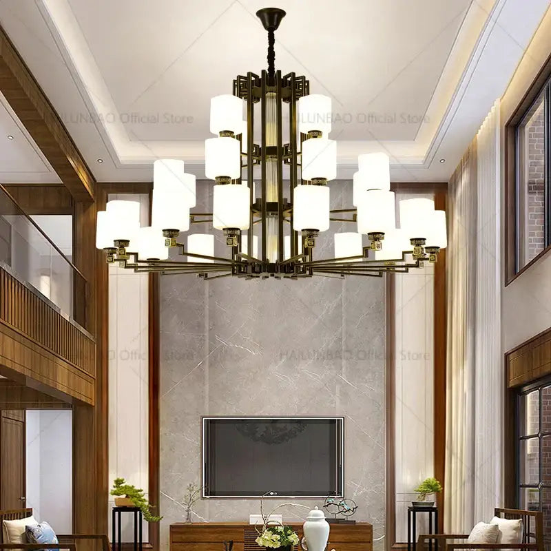 Brass-finished modern chinese style chandelier pendant light with white cylindrical shades for living room use