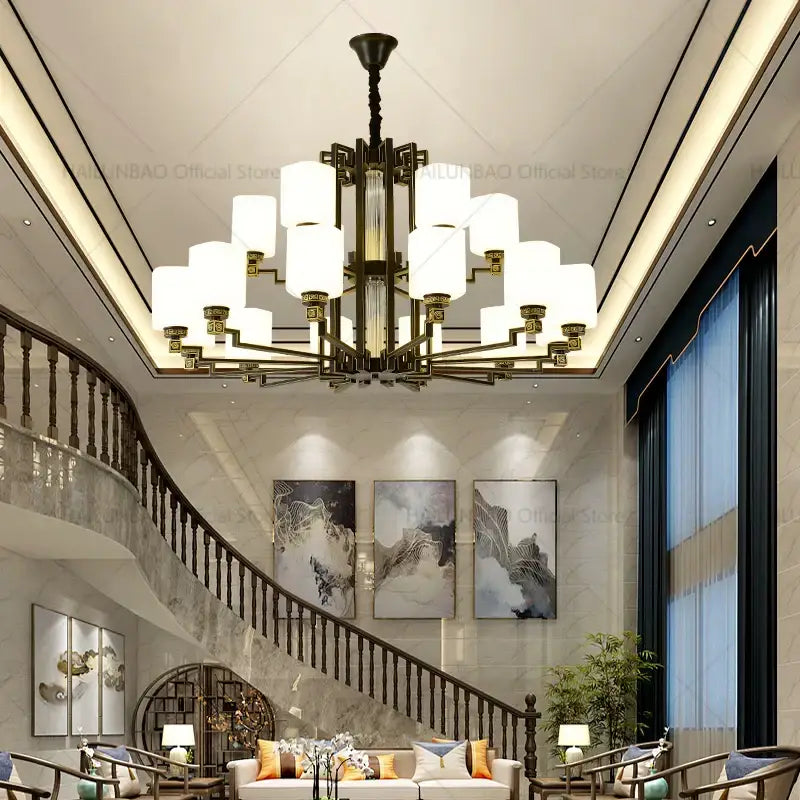 Modern chinese style chandelier pendant light with dark bronze frame and white cylindrical glass shades for living room