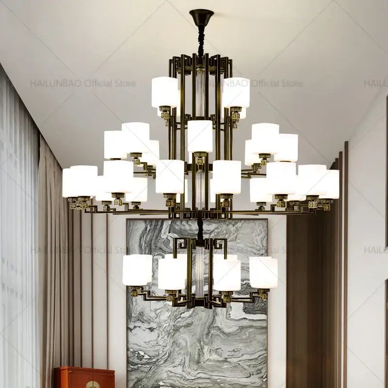 Elegant multi-tiered chinese style chandelier pendant light with dark bronze frame and white glass shades for living room