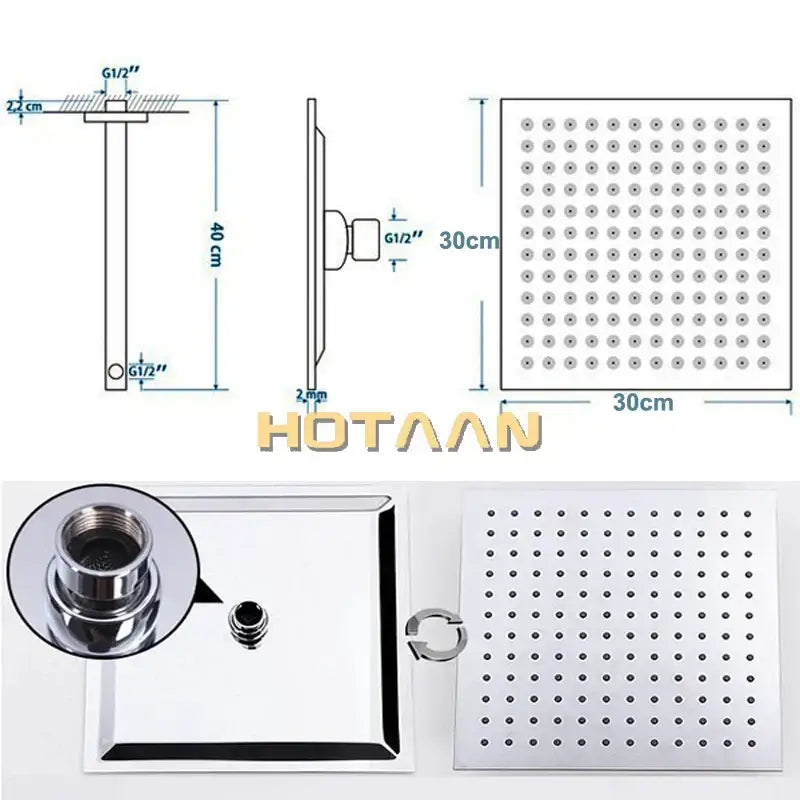 Modern chrome 12 inch stainless steel rain shower head with 30cm square chrome finish and evenly spaced perforations