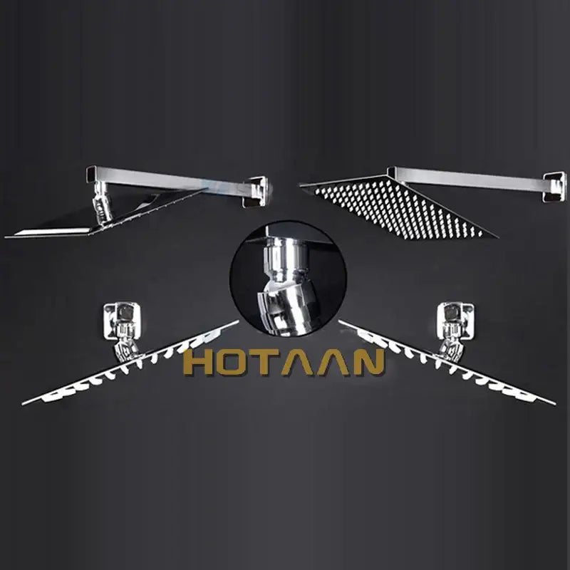 Modern chrome 12 inch stainless steel rain shower head with perforated design and adjustable arm in chrome finish