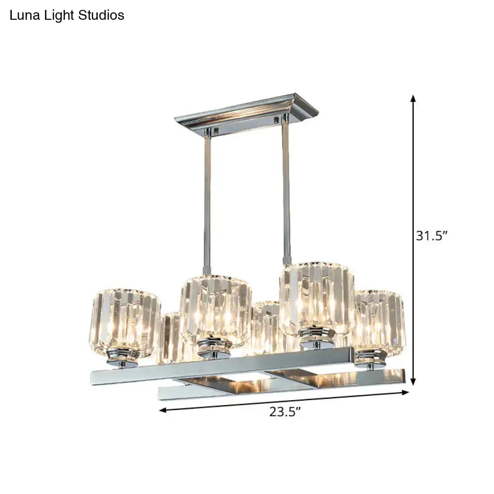 Decorbites™ modern chrome island light with five faceted crystal glass shades perfect for dining table light fixture