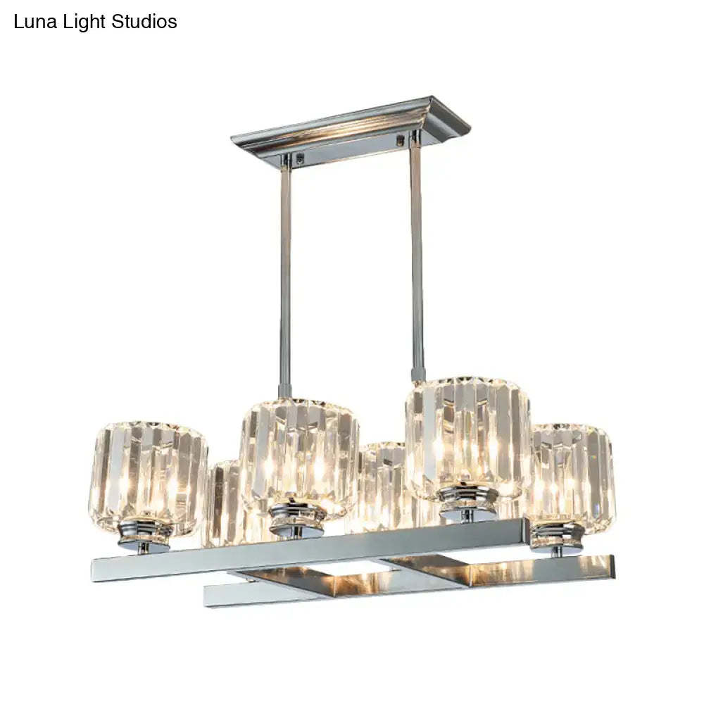 Decorbites modern chrome island light fixture with five faceted crystal glass shades for dining table illumination