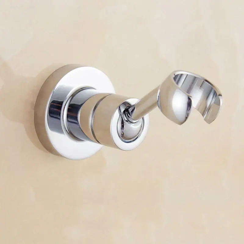 Modern chrome adjustable handheld shower holder mount with wall-mounted robe hook and circular base for bathroom use