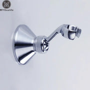 Modern chrome handheld shower holder mount with adjustable arm and flared base for bathroom accessory use