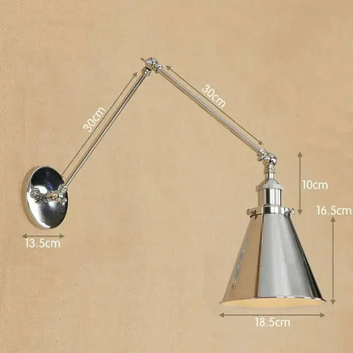 Silver chrome adjustable wall sconce with conical shade and articulated arms for bedroom decorbites dream master wall light