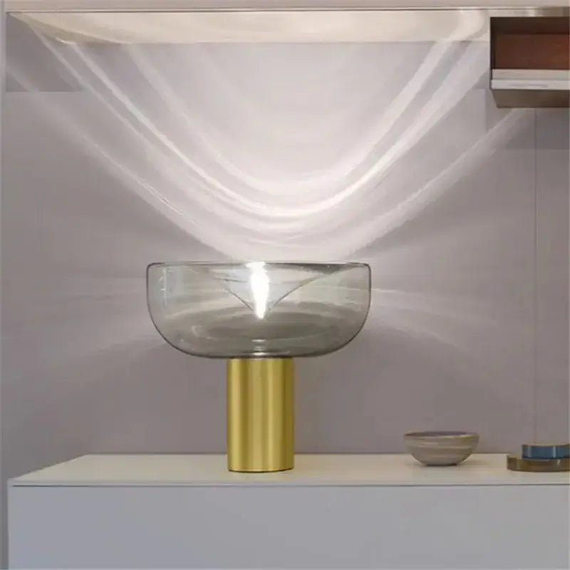 Modern chrome decorbites aella glass table lamp with translucent gray bowl shade and gold cylindrical base for bedroom decor