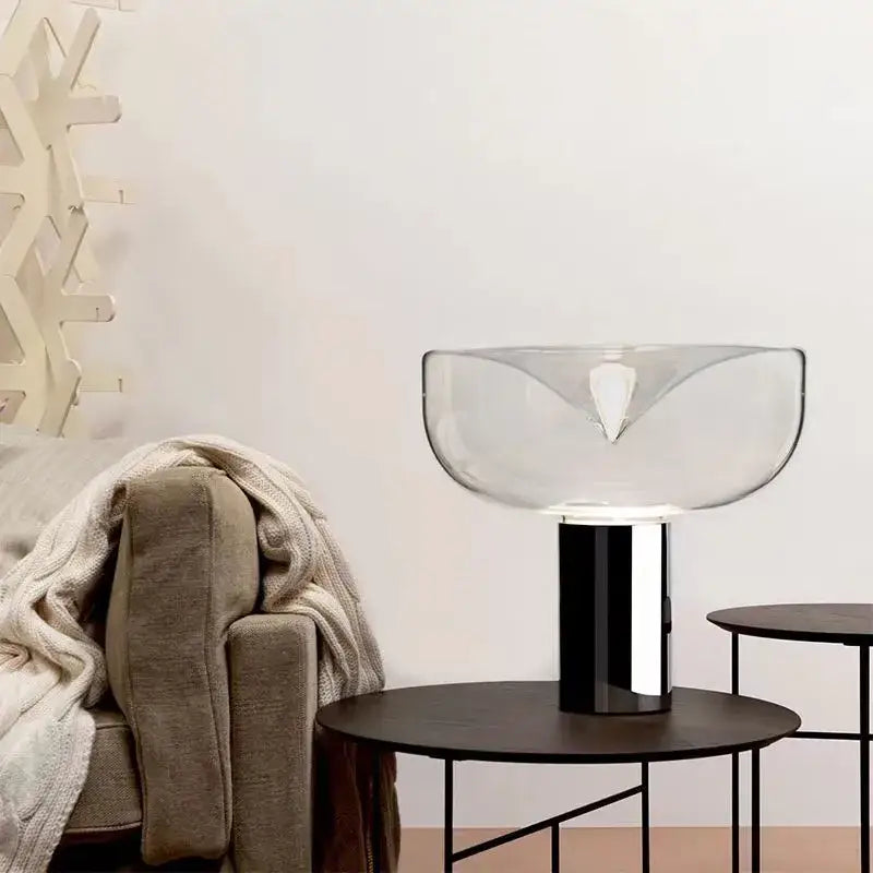 Modern chrome aella glass table lamp with transparent glass bowl shade and sleek black base for bedroom decor by decorbites aella glass