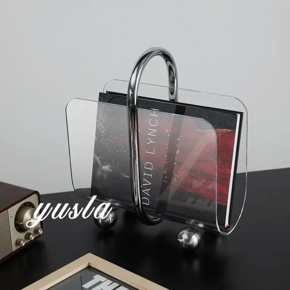 Modern chrome and acrylic desktop bookshelf organizer with transparent acrylic rack chrome handle and spherical feet for home office decorbites desktop bookshelf organizer
