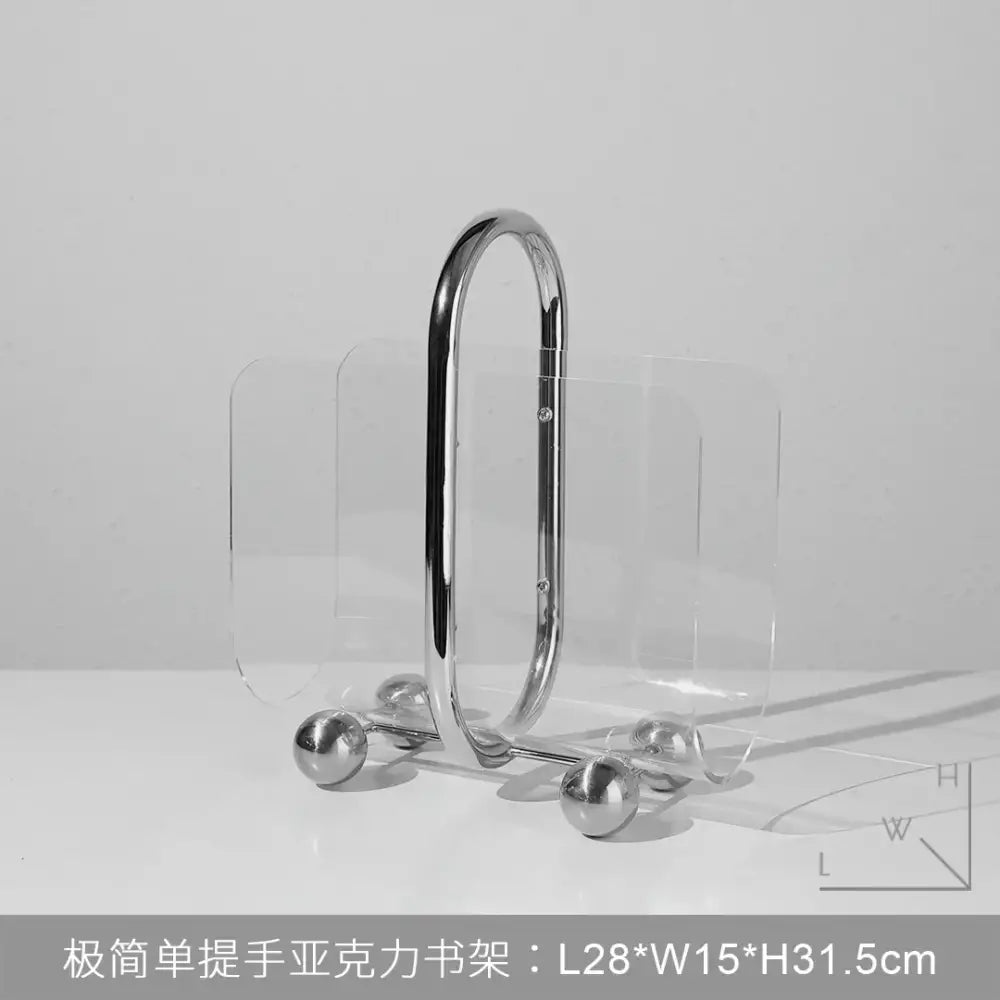 Modern chrome and acrylic desktop bookshelf organizer with spherical feet for stylish home office bookshelf organizer decorbites