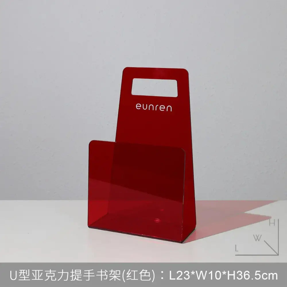 Modern chrome and acrylic desktop bookshelf organizer with red translucent u-shaped handle and white eunren logo for home office
