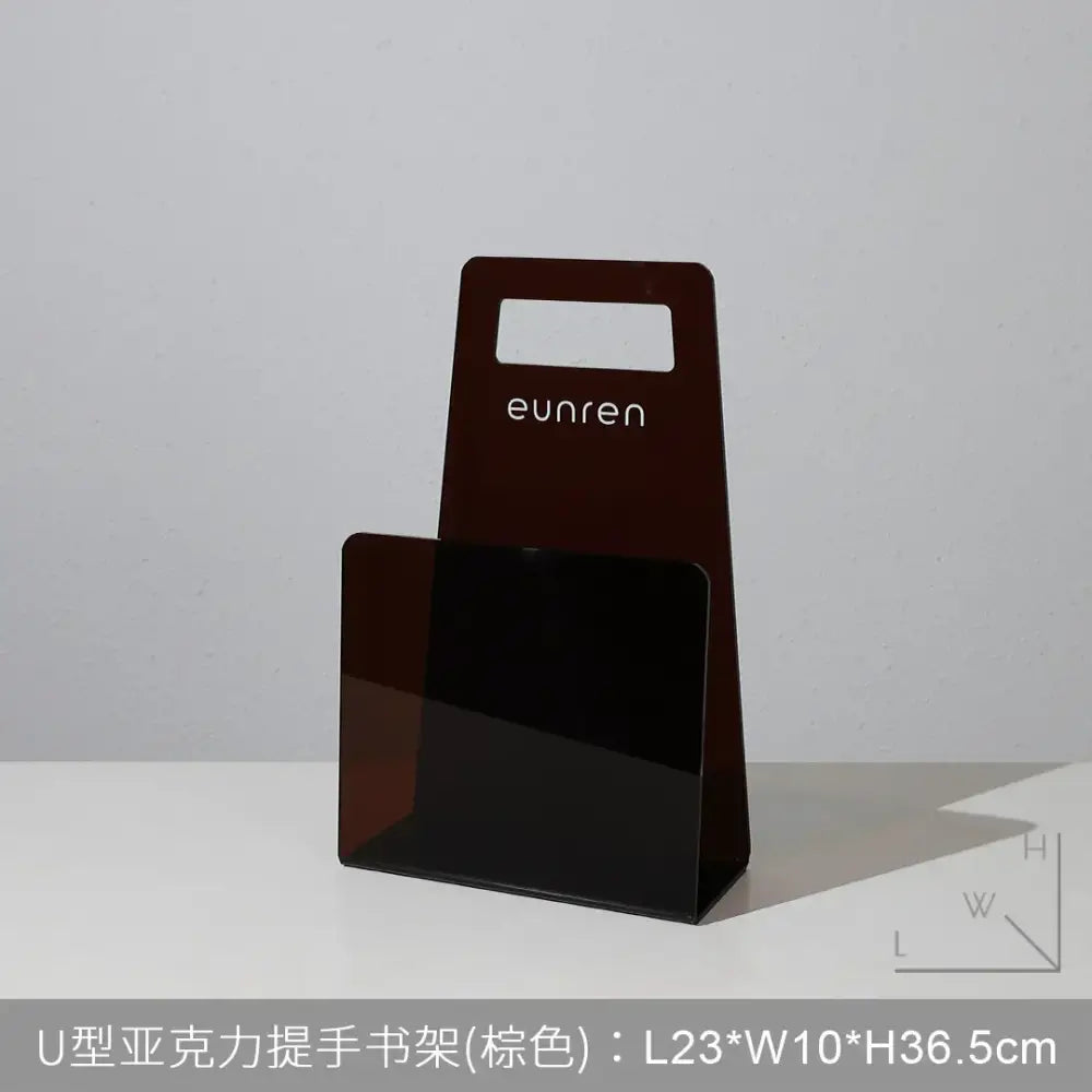 A sleek dark brown acrylic bookshelf organizer with handle for modern decorbites desktop bookshelf use