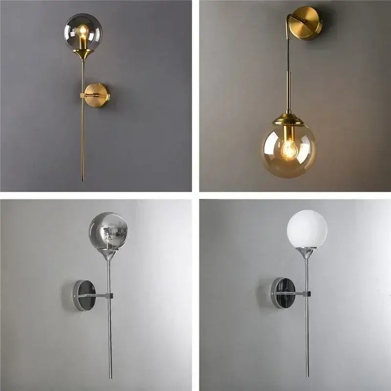 Modern chrome and amber glass ball wall lamps with brass, chrome, and frosted glass finishes for living room decorbites wall lamps