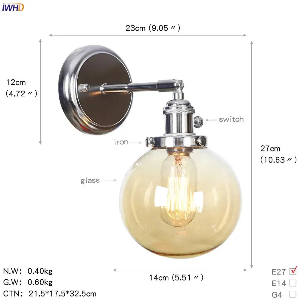 Modern chrome and amber glass ball wall light with chrome-finished iron and spherical amber glass globe for bedroom sconce