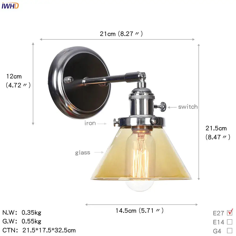Modern chrome and amber glass ball wall light with polished iron arm and warm amber glass shade for bedroom sconce