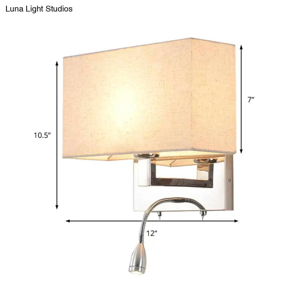 Modern chrome and beige fabric shade wall light with adjustable gooseneck reading light and shade width in inches high