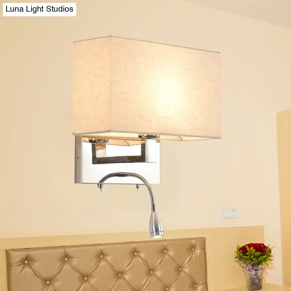 Modern chrome and beige fabric shade wall light with adjustable gooseneck reading light and shade width features