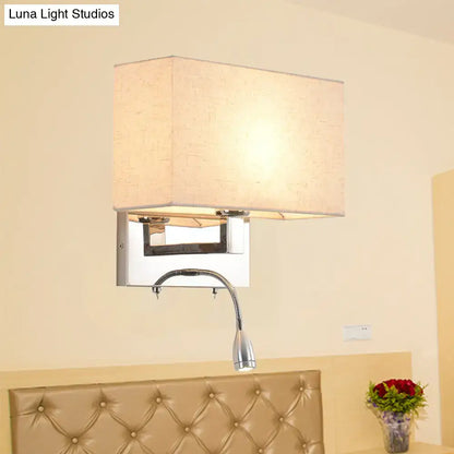 Modern chrome and beige fabric shade wall light with adjustable gooseneck reading light and shade width features