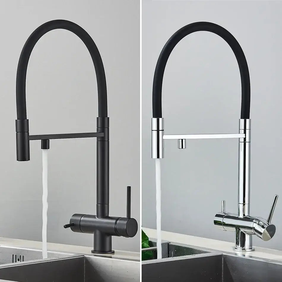 Modern chrome and black dual spout water filter faucet with black matte flexible gooseneck pull-down spray head