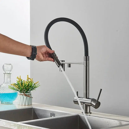 Modern chrome and black dual spout water filter faucet with a sleek curved pull-out stainless steel spout for kitchen use