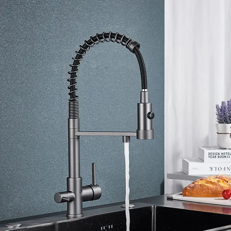 Modern chrome and black dual spout water filter faucet with flexible matte black pull-down spray head