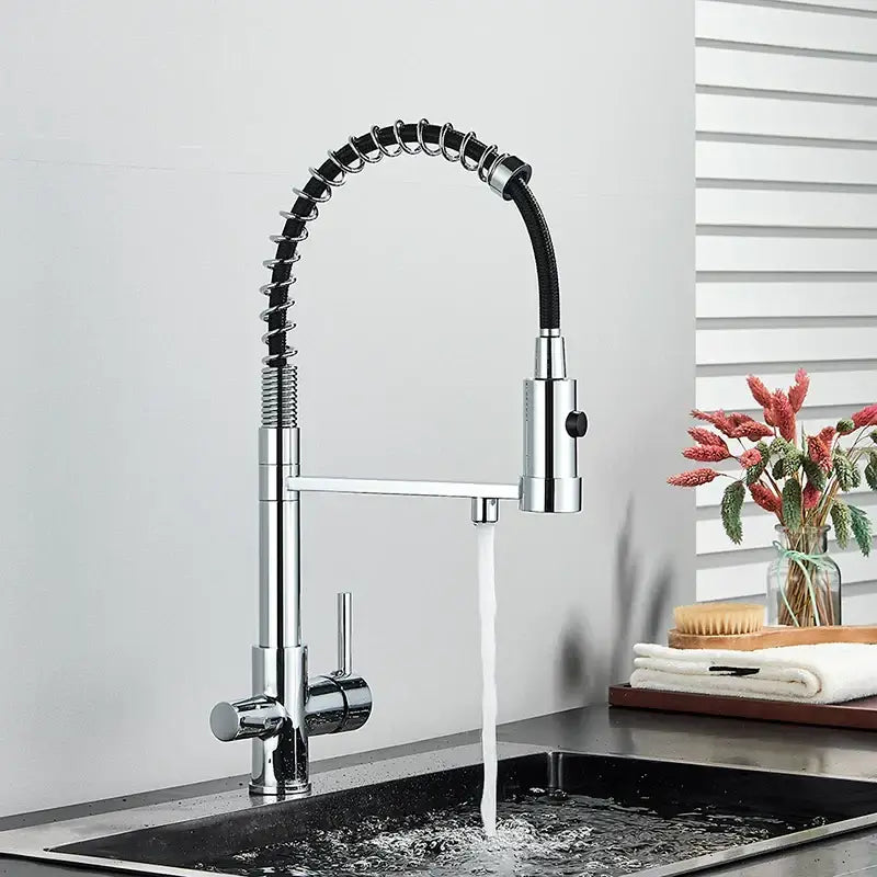 Modern chrome and black dual spout water filter faucet with pull-down flexible hose for efficient kitchen use