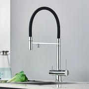 Modern chrome and black dual spout water filter faucet with flexible hose and dual handles for kitchen use