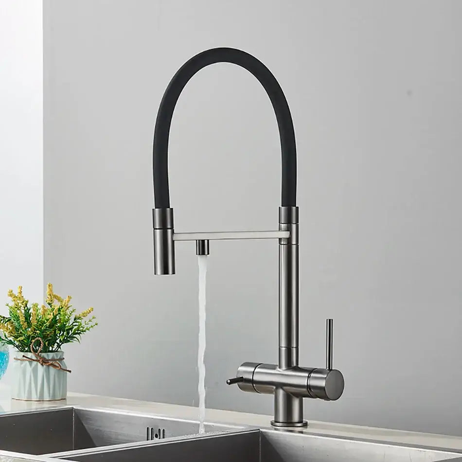Modern chrome and black dual spout water filter faucet with flexible gooseneck spout in black and brushed stainless steel