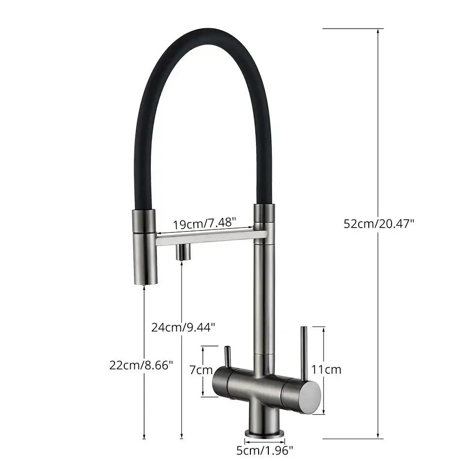 Modern chrome and black dual spout water filter faucet with brushed stainless steel and flexible pull-down hose
