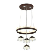 Modern chrome and black led dining table chandelier with dark brown ceiling mount and clear glass shades for dining table lighting