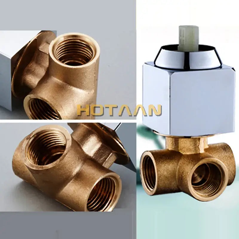 Modern chrome and black square shower mixer valve with brass threaded connections and white plastic handle for bathroom use