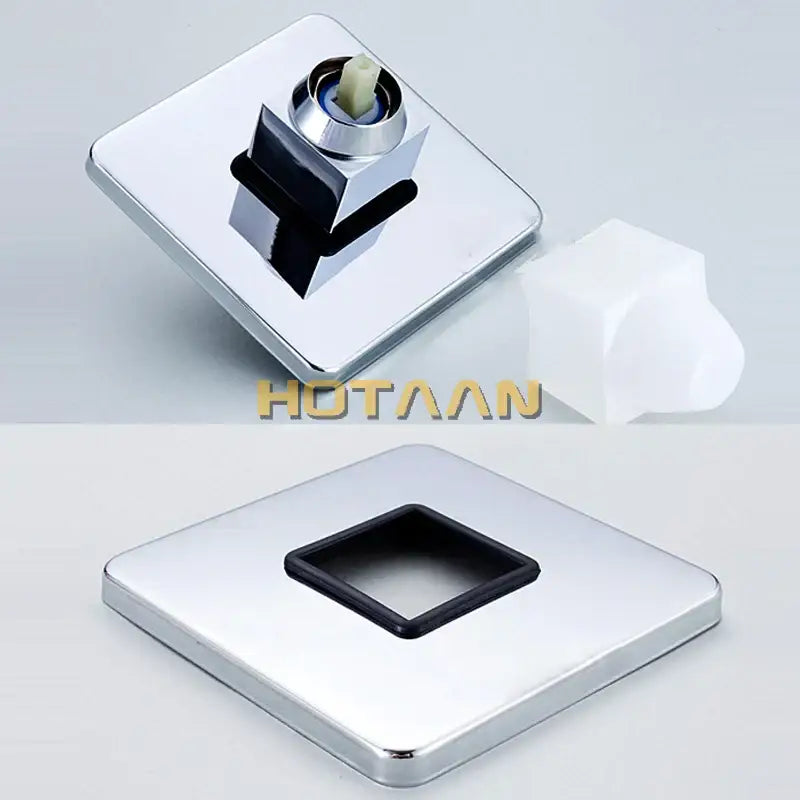 Modern chrome and black square shower mixer valve deck plate with rubber gasket and integrated mounting hardware