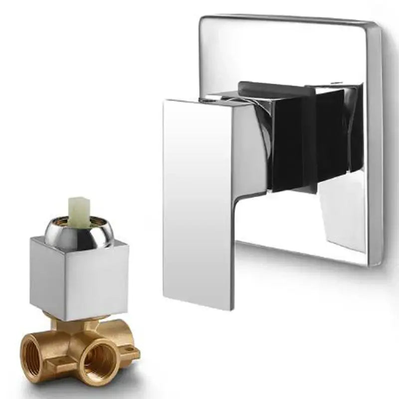 Modern chrome and black square shower mixer valve with sleek rectangular design and brass-colored internal component