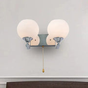 Modern chrome wall light bedroom sconce with two cream frosted glass globes and brass pull chain 220v-240v 110v-120v
