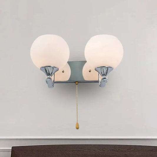 Modern chrome wall light bedroom sconce with two cream frosted glass globes and brass pull chain 220v-240v 110v-120v