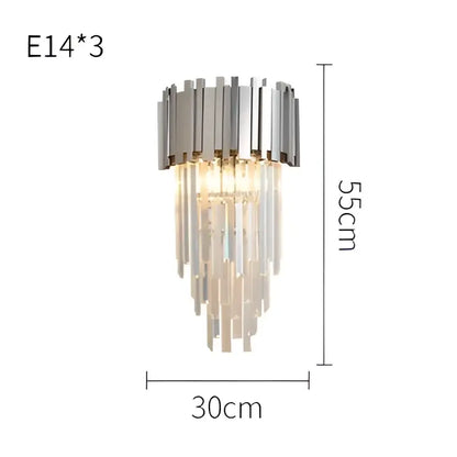 Modern chrome and gold decorbites crystal clear led wall sconce featuring cascading crystal prisms 55cm tall 30cm wide