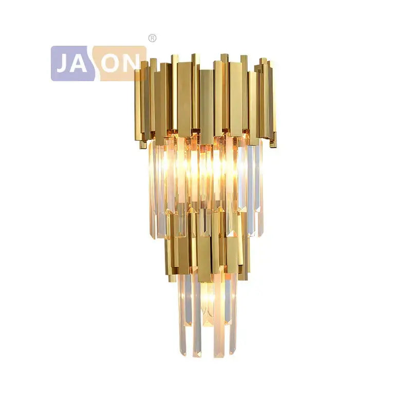 Gold-toned wall sconce with tiered vertical bars and cascading decorbites crystal clear led prisms for bedroom decor