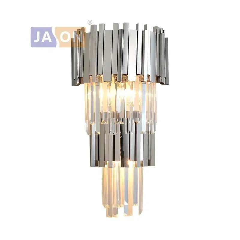 Modern chrome and gold decorbites crystal clear led wall sconce with a sleek tiered design for bedroom lighting