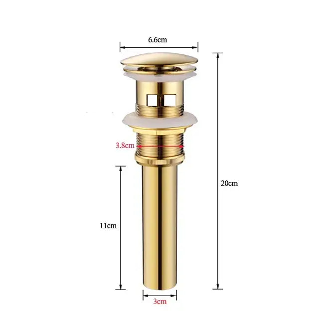 Modern chrome and gold bathroom sink pop up drain stopper with a sleek gold-colored polished metallic finish