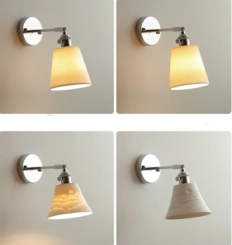 Modern chrome wall light fixture with white ceramic textured bell-shaped shade for bedroom lighting