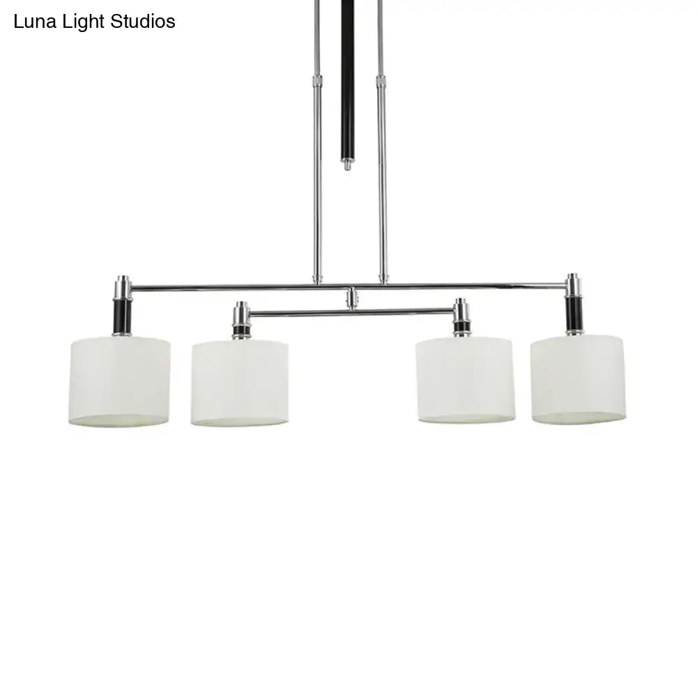 Modern chrome and white fabric pendant light kit with four cylindrical shades for dining room e12 e14 bulbs