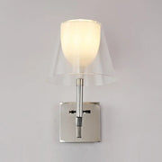 Modern chrome and white glass flared wall sconce with frosted glass shade for living room lighting