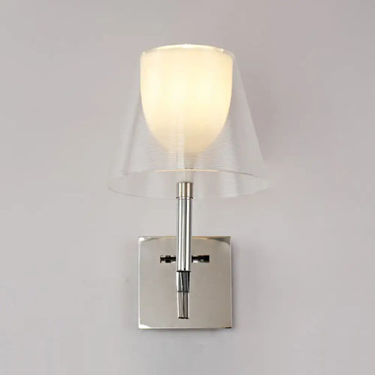 Modern chrome and white glass flared wall sconce with frosted glass shade for living room lighting