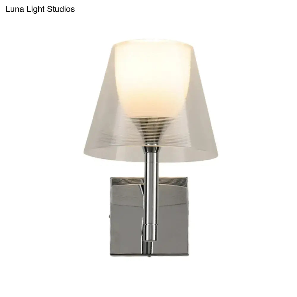 Modern chrome and white glass flared wall sconce with translucent ridged lampshade for living room lighting