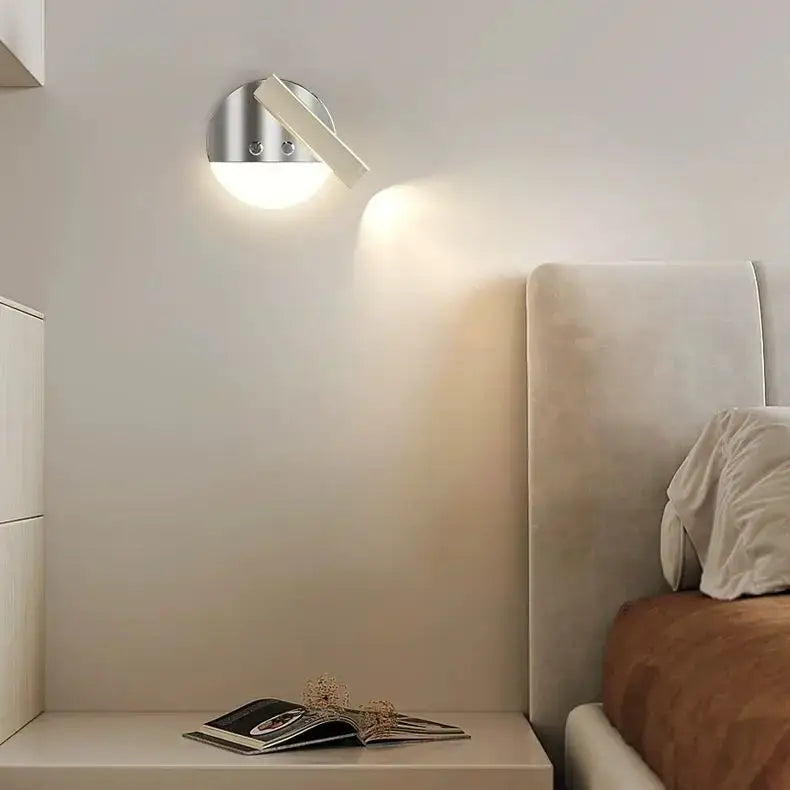 Modern chrome and wood wall lamp with adjustable arm and soft diffused full spectrum eye protection light for bedroom