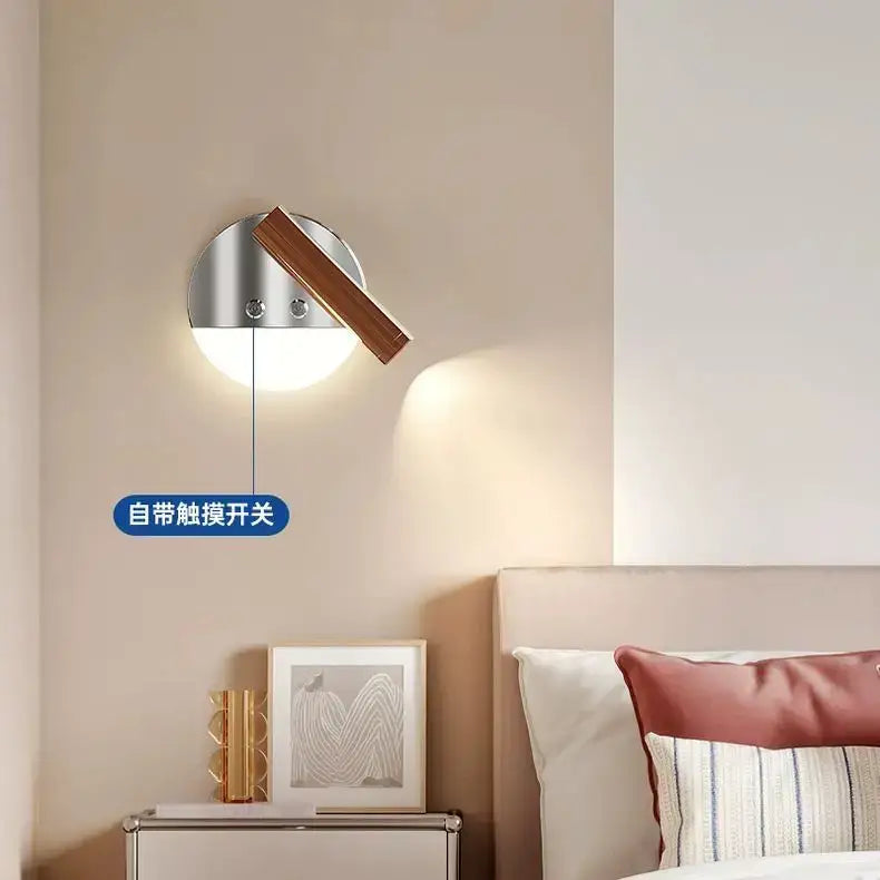 Modern chrome and wood wall lamp with spectrum eye protection features a sleek silver base and warm wooden arm