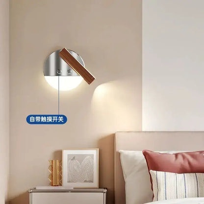 Modern chrome and wood wall lamp with spectrum eye protection features a sleek silver base and warm wooden arm