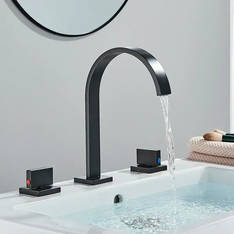 Black matte decorbites dual handle basin faucet with curved spout and red blue rectangular handles for bathroom use