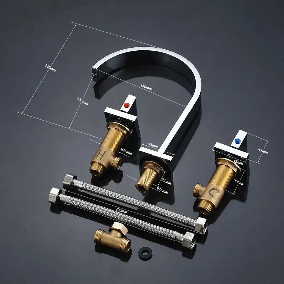 Modern chrome arched dual handle basin faucet set with chrome finish brass valve bodies and flexible metal hoses